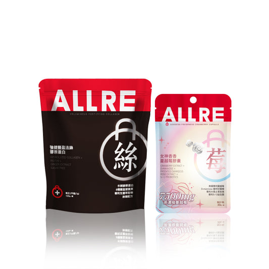 ALLRE Goddess Freshness Cranberry Capsule (30 capsules/bag) + Voluminous Fortifying Collagen or Skin Repair Collagen C Complex (100g/bag) Pick one